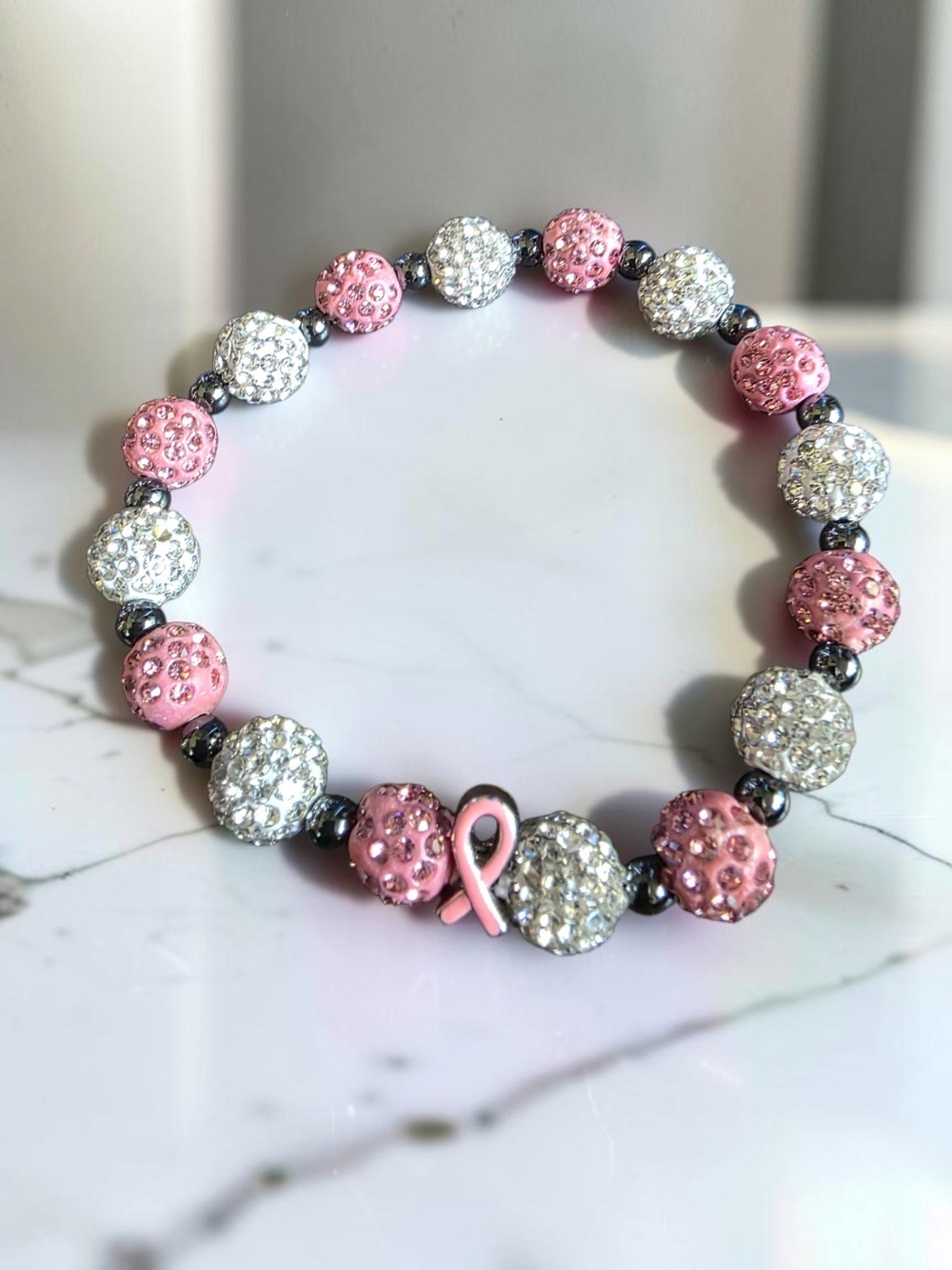 Pink & Silver Crystal Awareness Stretch Bracelet with Ribbon Charm